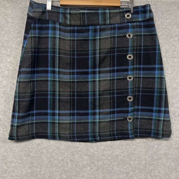 Aventura Organic Cotton Plaid Skirt Blue 14 Button Front Tartan Dark Academia - Picture 1 of 11